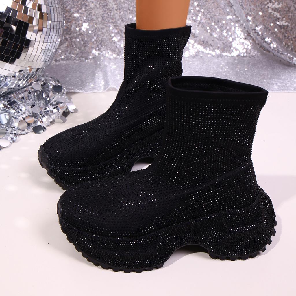 Хрустальные туфли на высоком каблуке Женские ботильоны 2025 Зима Готические ботинки челси Удобные сапоги до середины икры Платформа Элегантная обувь