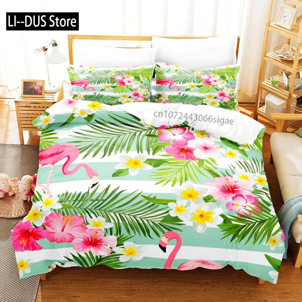 Pink Flamingo Duvet Cover Green Leaves Floral Animal Print Bedding Set For Kids Girls Tropical Pattern Design Bedroom Decor