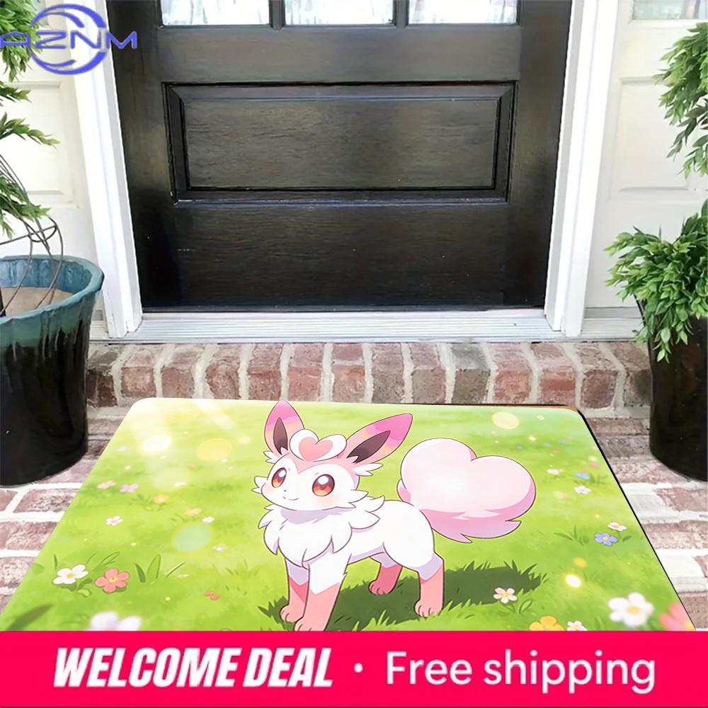 Cute Pink Eevee Heart Tail Print Doormat Non-Slip Absorbent Floor Mat for Indoor Entrance