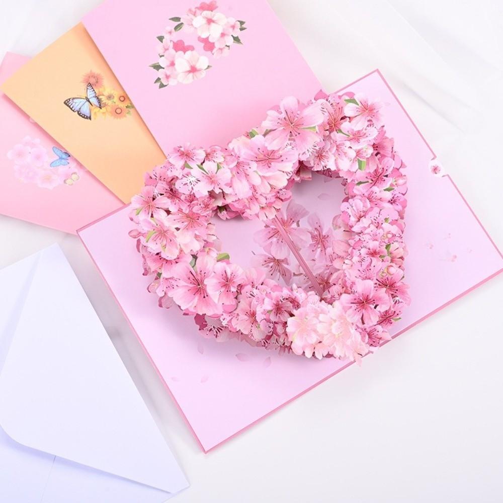 Romantic Theme 3D Pop Up Card Pop-Up Mechanism Heart Shape Butterfly Heart Card Handmade Craft Cherry Blossom Card Birthday Gift
