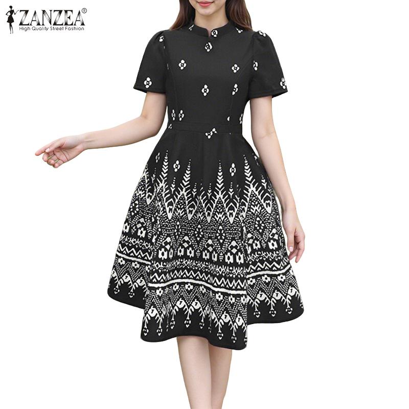 ZANZEA Women Summer Stand Collar Short Sleeve Casual Print Dress