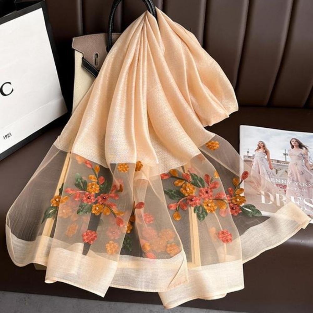 Элегантный шелковый шарф с цветочной вышивкой для женщин, стильная пляжная шаль с бисерной отделкой для защиты от солнца, богемный ветрозащитный маст-хэв