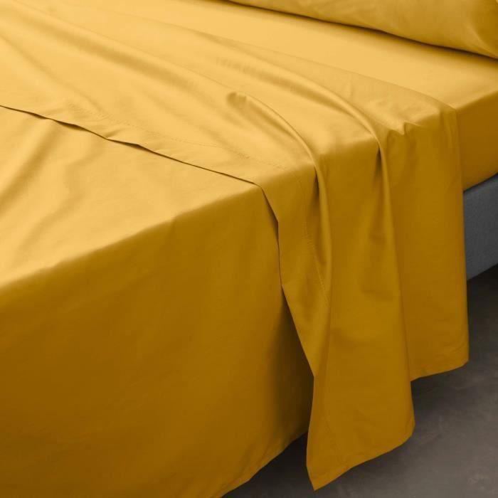 Drap plat - Coton - Jaune curry - 180 x 290 cm - OEKO-TEX® - Lavable à 30°