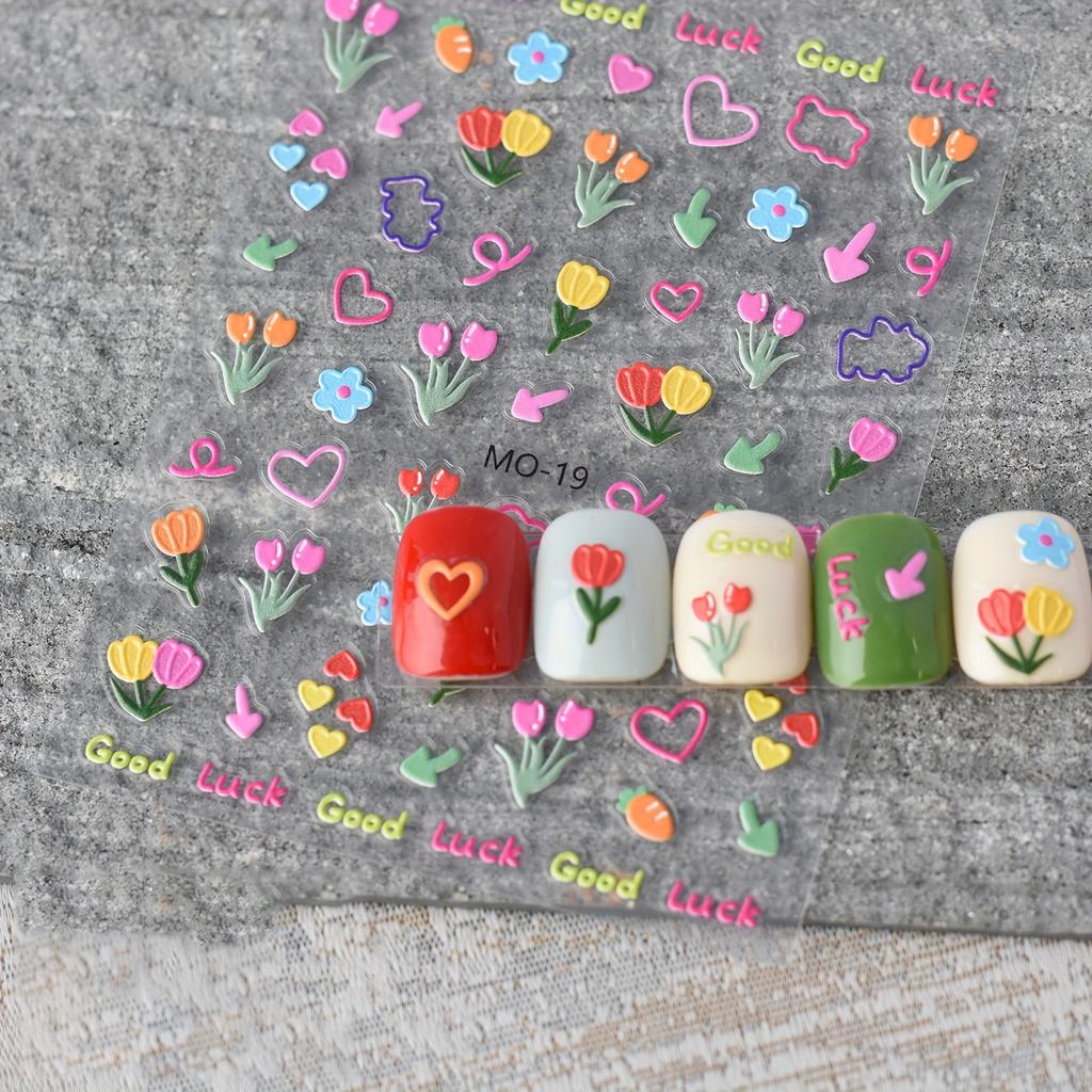 1 шт. 3D тисненые наклейки для дизайна ногтей с цветами - Мультяшные милые самоклеящиеся глянцевые наклейки для ногтей с яркими цветочными узорами, сердечками и звездами для DIY маникюра