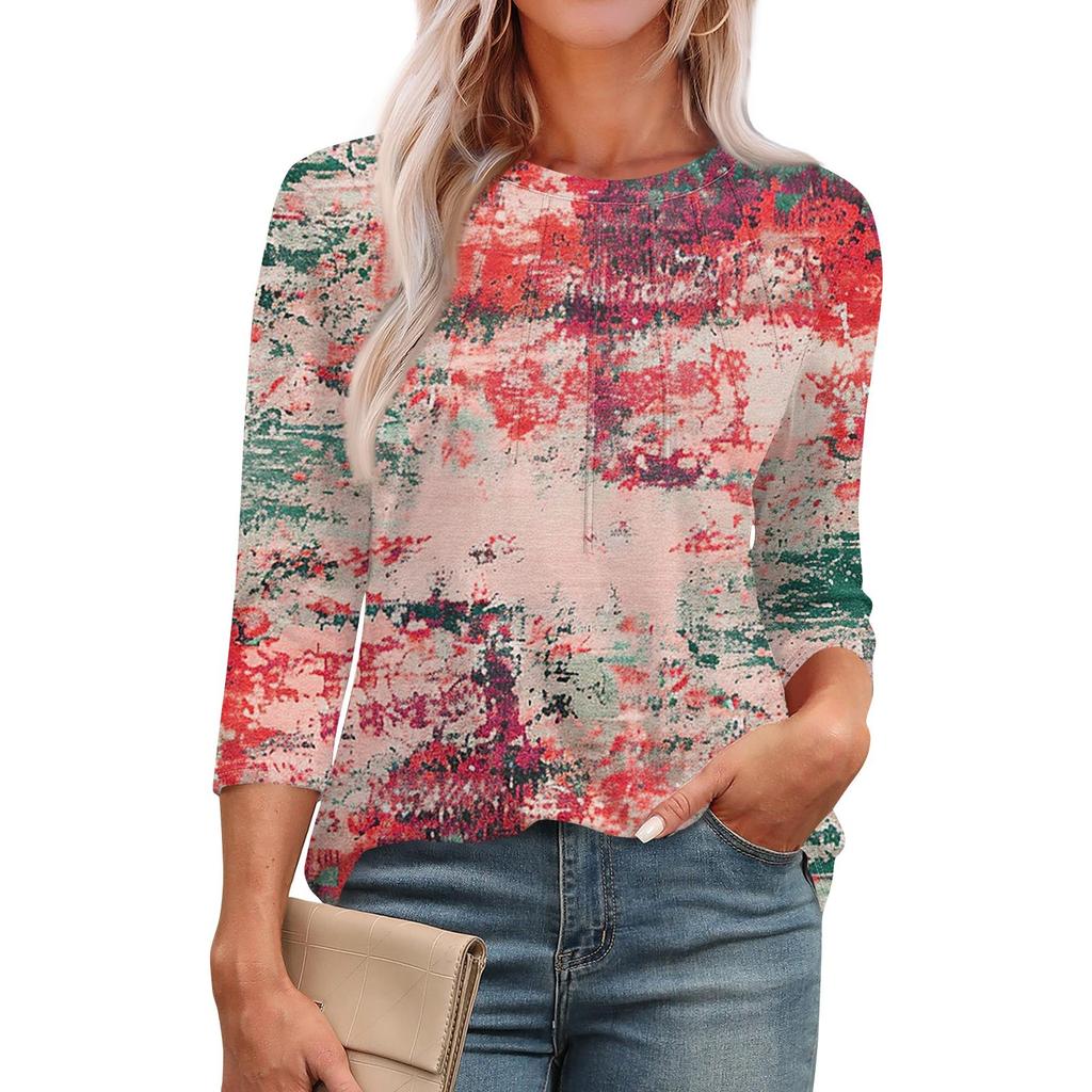 Женская модная повседневная футболка с круглым вырезом и рукавом семь четвертей в стиле ретро с принтом, плиссированная футболка