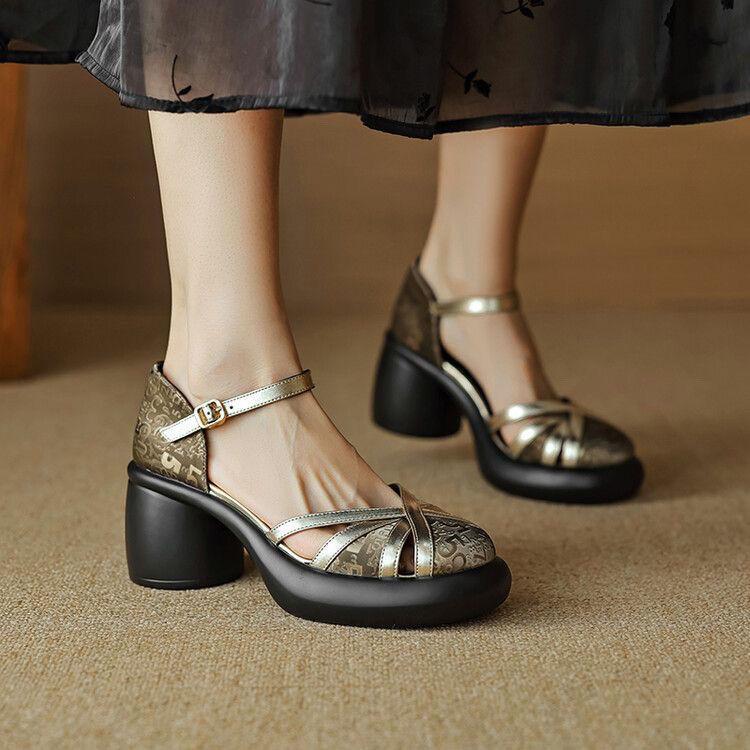 Маленькие туфли на высоком каблуке на толстой подошве в стиле ретро, женские летние 2025 года, на толстом каблуке, цветные, с перемычкой и пряжкой, римские сандалии