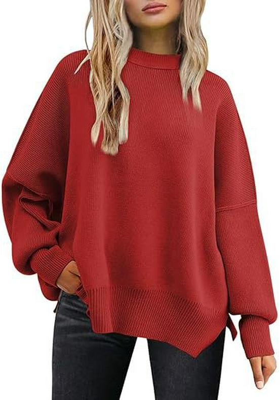 Women's Chunky Knit Loose Batwing Sweater - Autumn & Winter Round Neck, Long Sleeve, Solid Color, Side Slits, European Size, Lazy Style