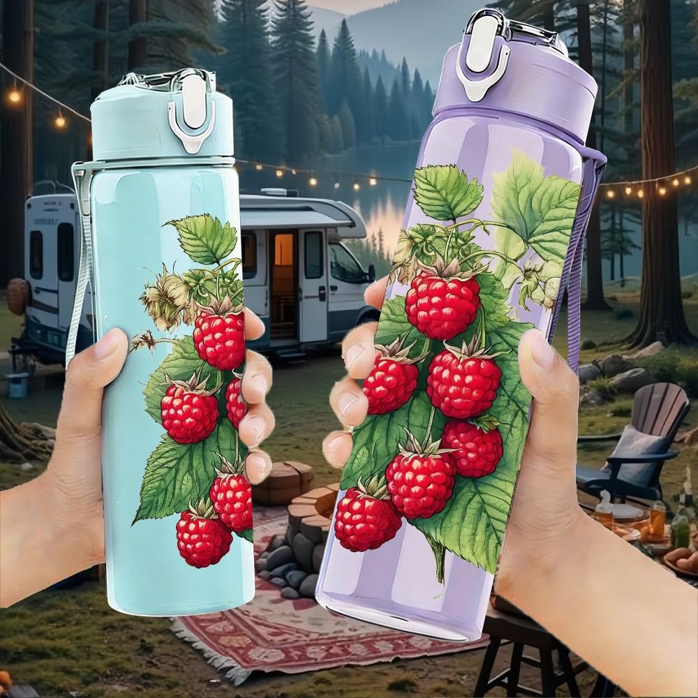 1PC Red Berry Fruit Branch Plant Print 750ml Color Plastic Sports Water Bottle Leakproof Flip Straw Lid Suitable for Sports Office Home Use