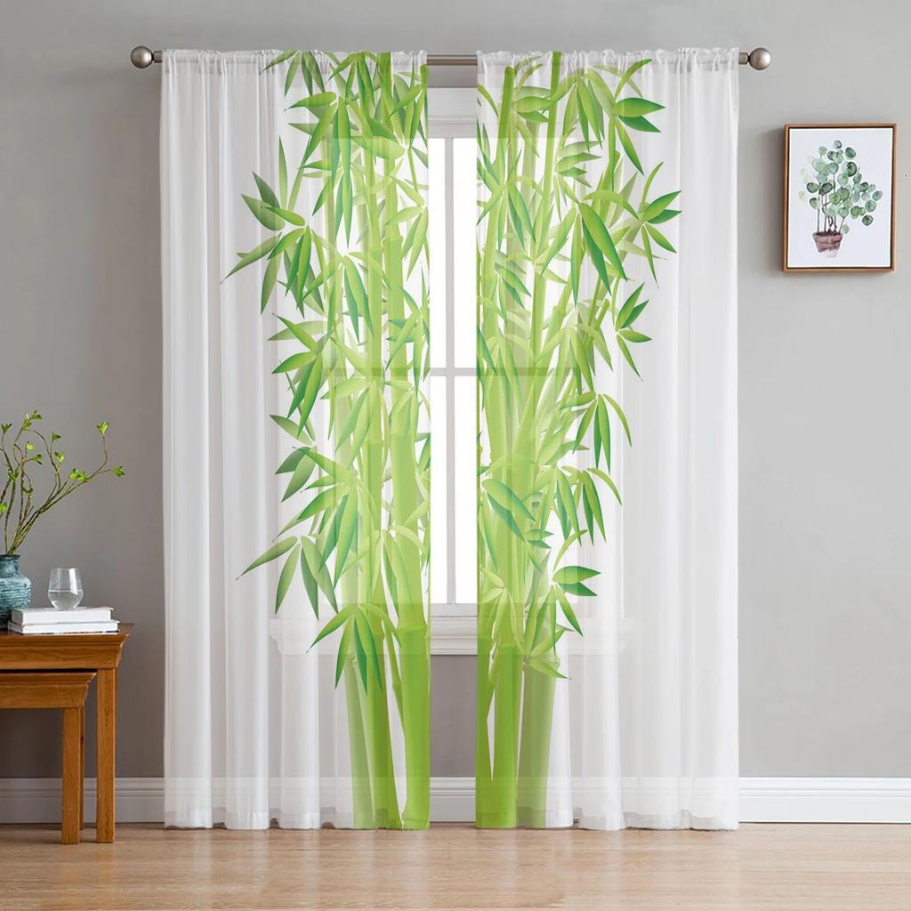 Bamboo Watercolor Painting Tulle Curtains For Living Room Bedroom Voile Curtain Home Decoration Sheer Balcony Door Curtain