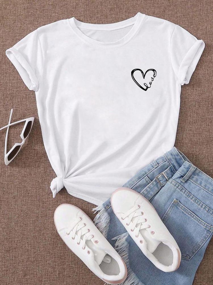 Тренд Женская Мода Одежда Графические Футболки Одежда Принт Женская Футболка Короткий Рукав Леди Повседневная Футболка с Принтом Сердец