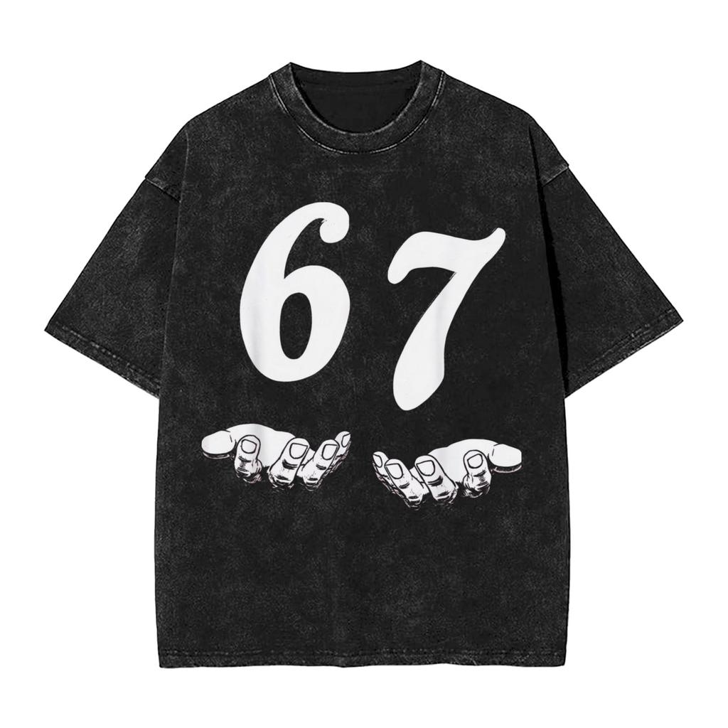 Vintage Washed Tshirt Funny 67 Meme Gen Alpha Slang Skeletal Hands Cotton Tshirts Hip Hop Tee Shirt For Man Beach Casual Tops