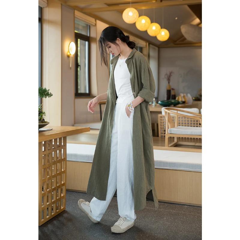 Women Vintage Linen Long Shirts Solid Color Long Sleeve Blouses Spring Button Turn Down Collar Shirt