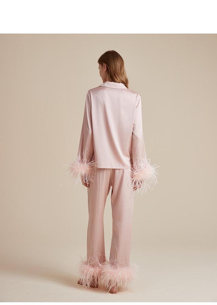 Women's Ice Silk Autumn Pajama Set with Detachable Feather Accents, Long Sleeve and Pants, French High-End Pure Desire Style