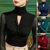 Turtleneck Long Sleeve Cross Knot Hollow Out Bottoming Blouse Spring Autumn Elastic Mesh Yarn Yoga Top