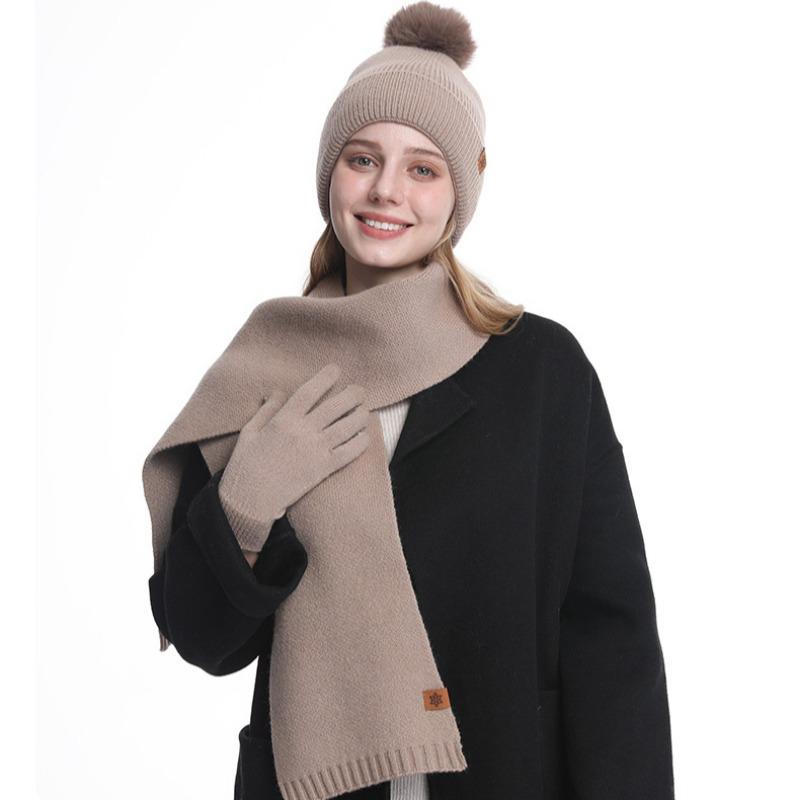 Knitted Hat Scarf Gloves Three Piece Set Winter Outdoor Velvet Warm Ear Protection Knitted Hat