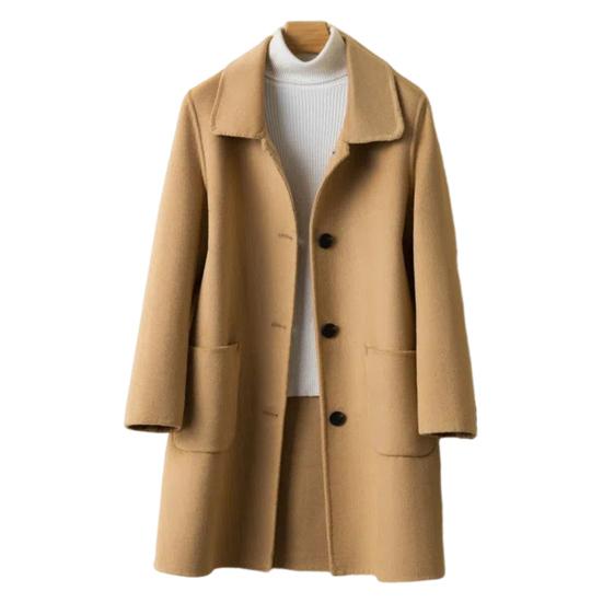 Women Jacket with Dual Pockets Lapel Solid Color Single-breasted Woolen Coat Loose Thermal Long