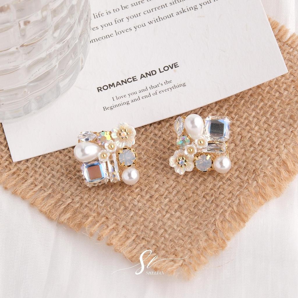 Spring and summer super fairy flower geometric crystal stud earrings small fresh and sweet pearl earrings light luxury high-end zircon earrings