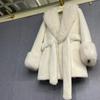 Slim Long Large Fur Collar Faux Fox Women Coat Winter Luxury Imitation Mink Fur Jacket Waist Belt Plush Furry Overcoat