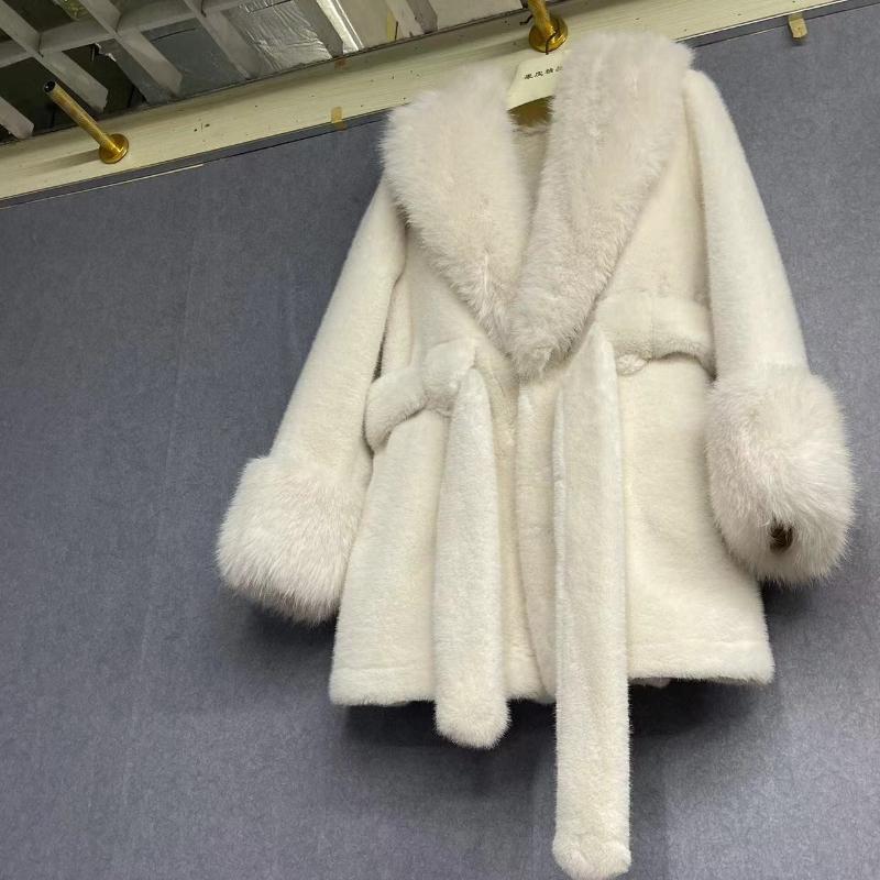 Slim Long Large Fur Collar Faux Fox Women Coat Winter Luxury Imitation Mink Fur Jacket Waist Belt Plush Furry Overcoat