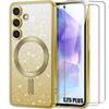 Case and 2 Tempered Glasses for Samsung Galaxy S25 Plus (S25+), Silicone with Magnetic Circle Camera Protection - Gold