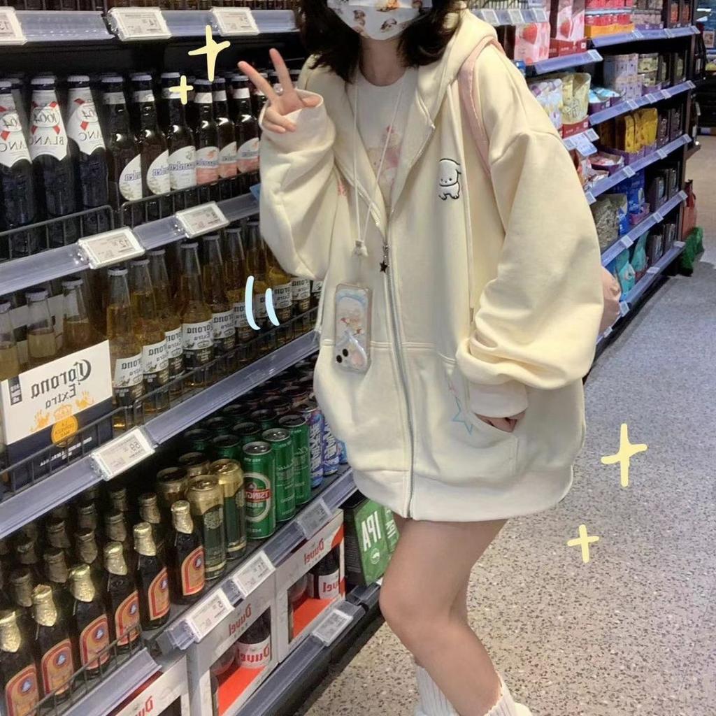 Harajuku Kawaii розовая толстовка на молнии женская милая милая мультяшная бежевая кофта с капюшоном оверсайз корейский флисовый девчачий синий топ