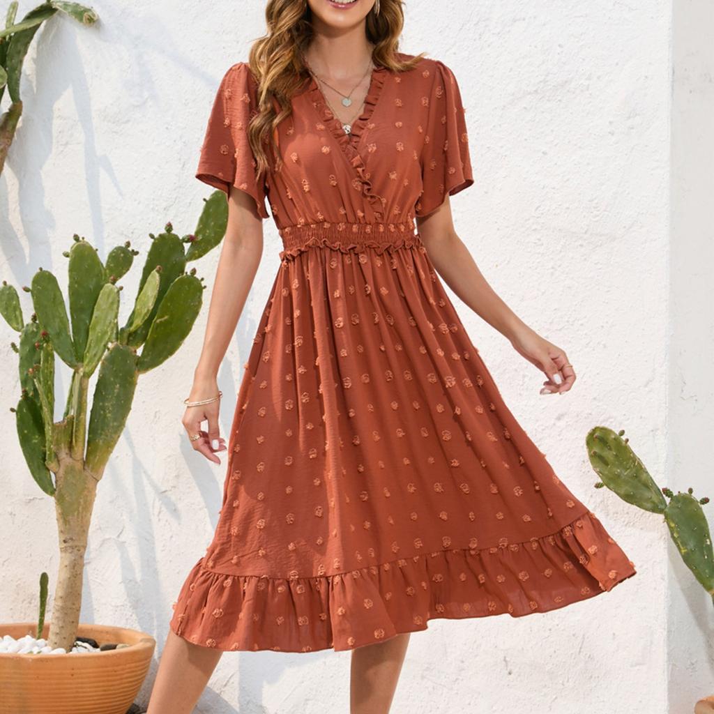 Women's Casual Polka Dot Ruffle Dress Summer V Neck Swing Dress Wedding High Waist Midi Dress Elegant Cocktail Sundress