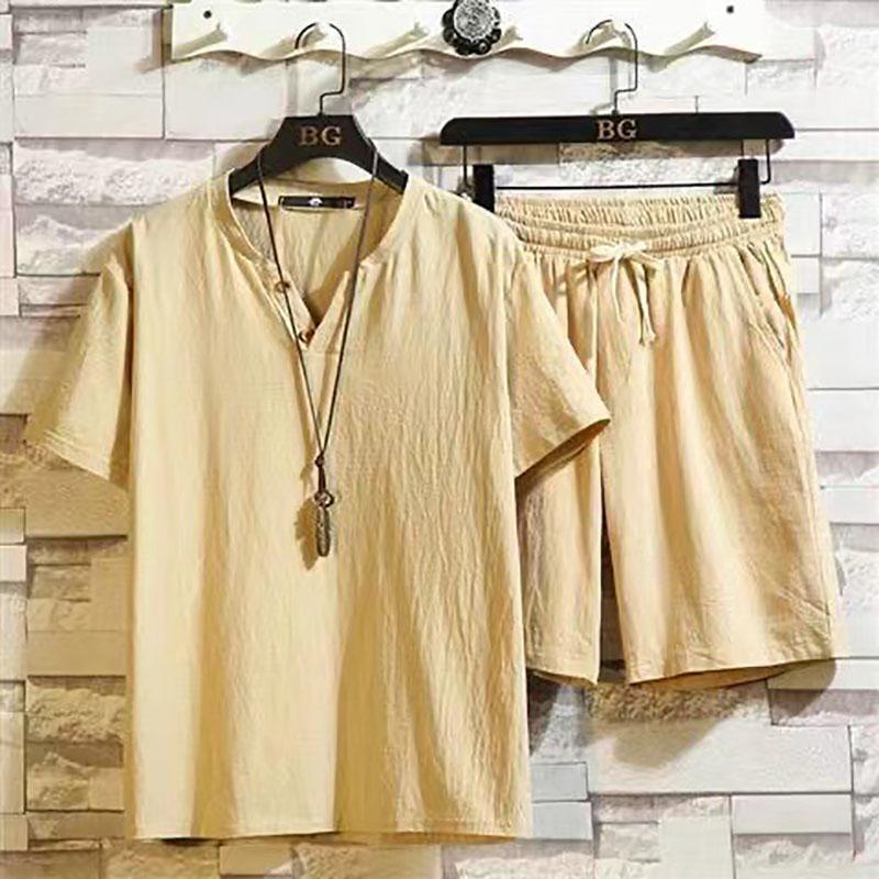 Мужской костюм из тонкого хлопкового льна с короткими рукавами, однотонный, модный, из льна, для отдыха, спорта, из двух частей, летний