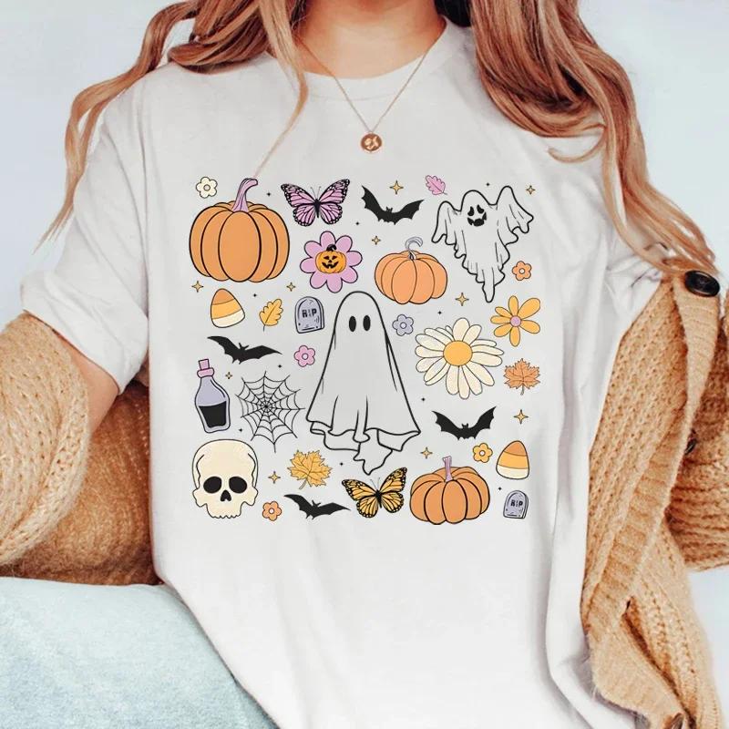 Ghost Print Tshirt Halloween Tshirt Short Sleeve Crew Neck Leisure Tshirt For Spring Summer Womens Clothing