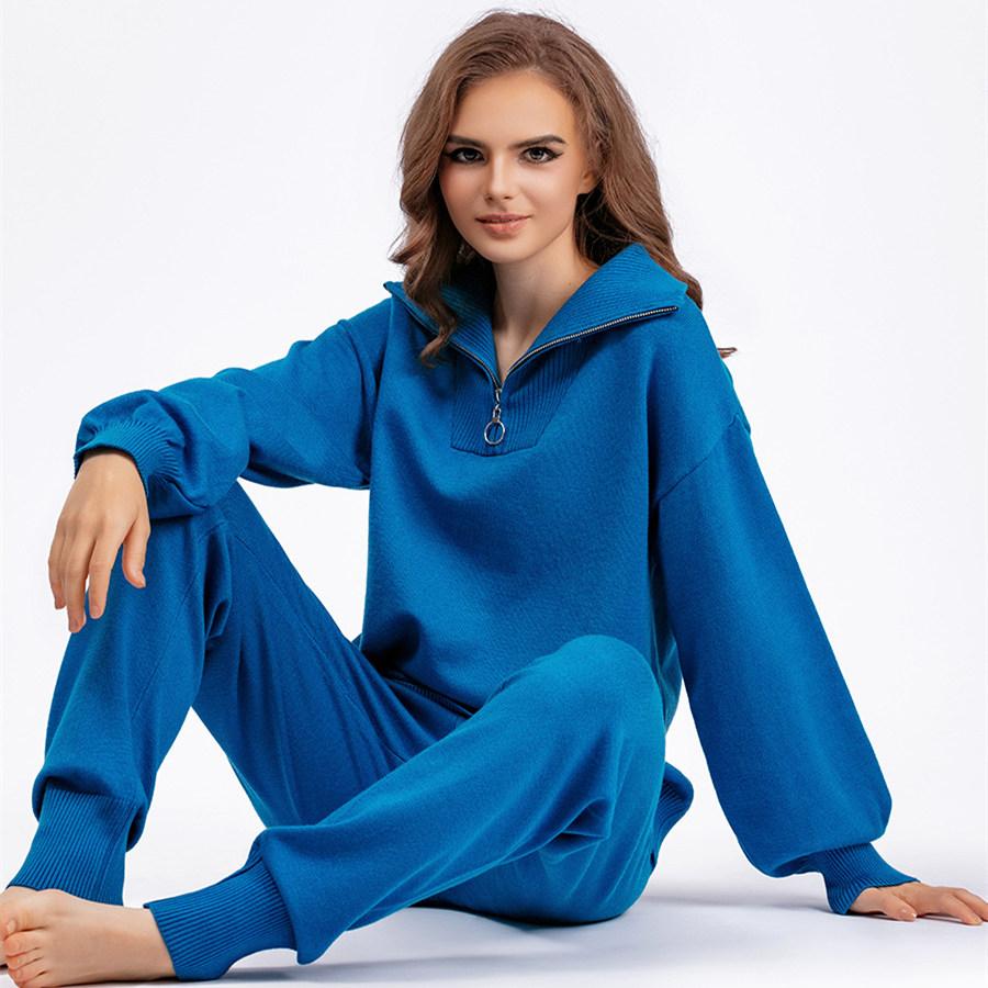 Свитер с воротником-поло, костюмы для женщин, осенне-зимний свободный вязаный комплект из двух предметов