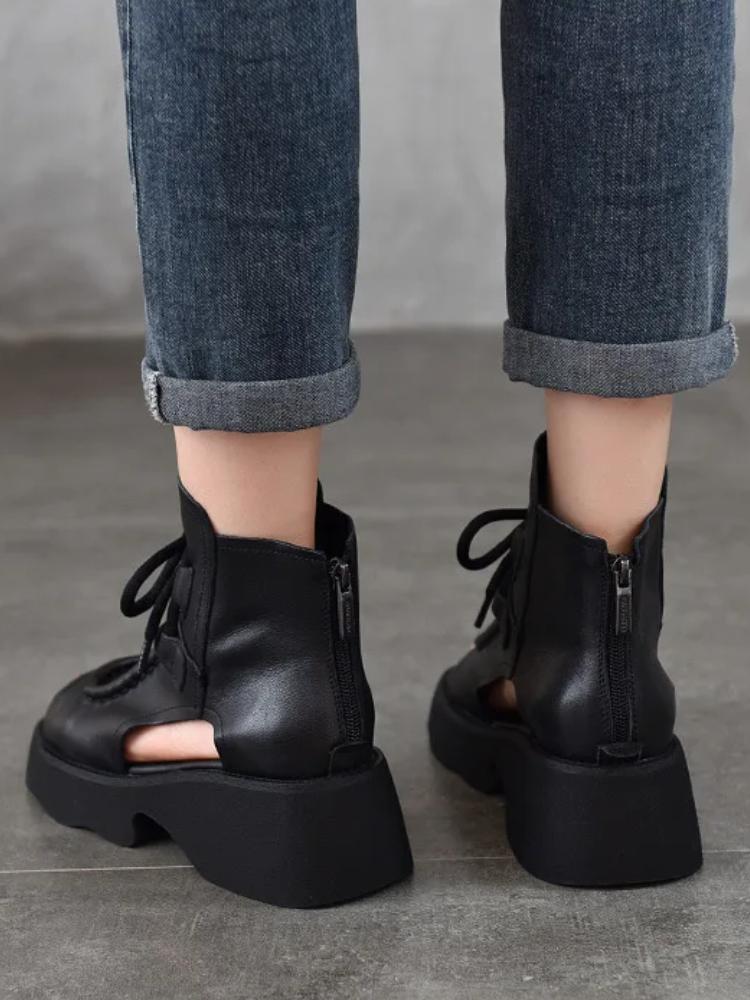 Johnature Женская обувь из натуральной кожи, римские сандалии, винтажные летние сапоги с застежкой-молнией сзади и открытым носком на толстой подошве