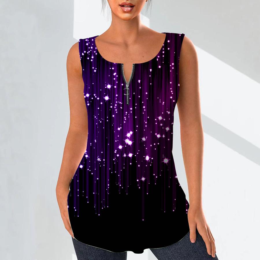 Women's Fashion V Neck Shirts Casual Tops T-shirt Ladies 3D Glowing Point Print Vest Plus Size Sleeveless Blouse Tank Tops