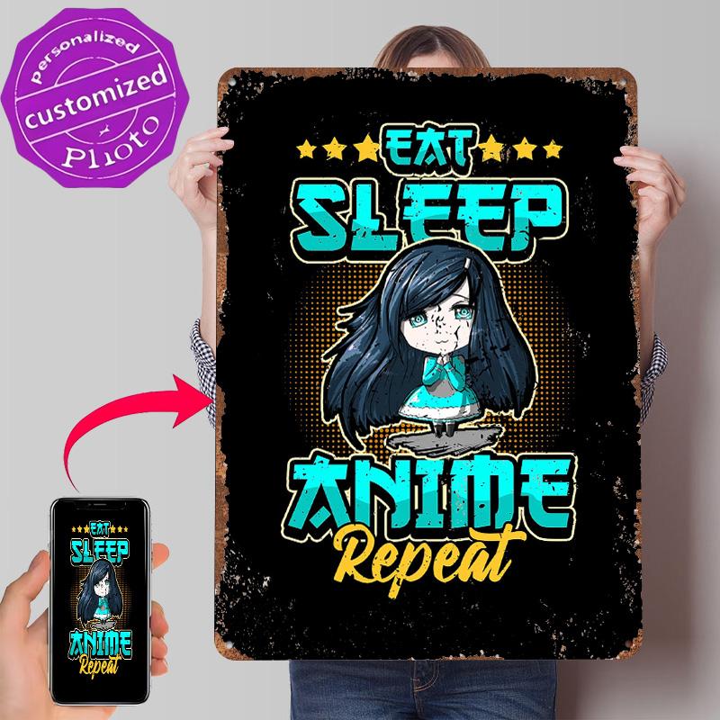 Funny Anime Eat Sleep Metal Poster Customized Wall Art Retro Vintage Metal Signs for Man Cave Decoration Garage Decorations Home
