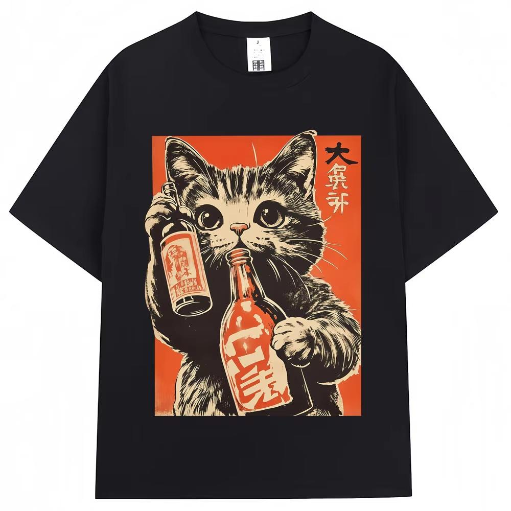 Japanese Style Cat Drinking Graphic T Shirt Vintage Fashion Kawaii Unisex Unisex Tshirt Oversized Cotton Casual T Shirts Streetwear