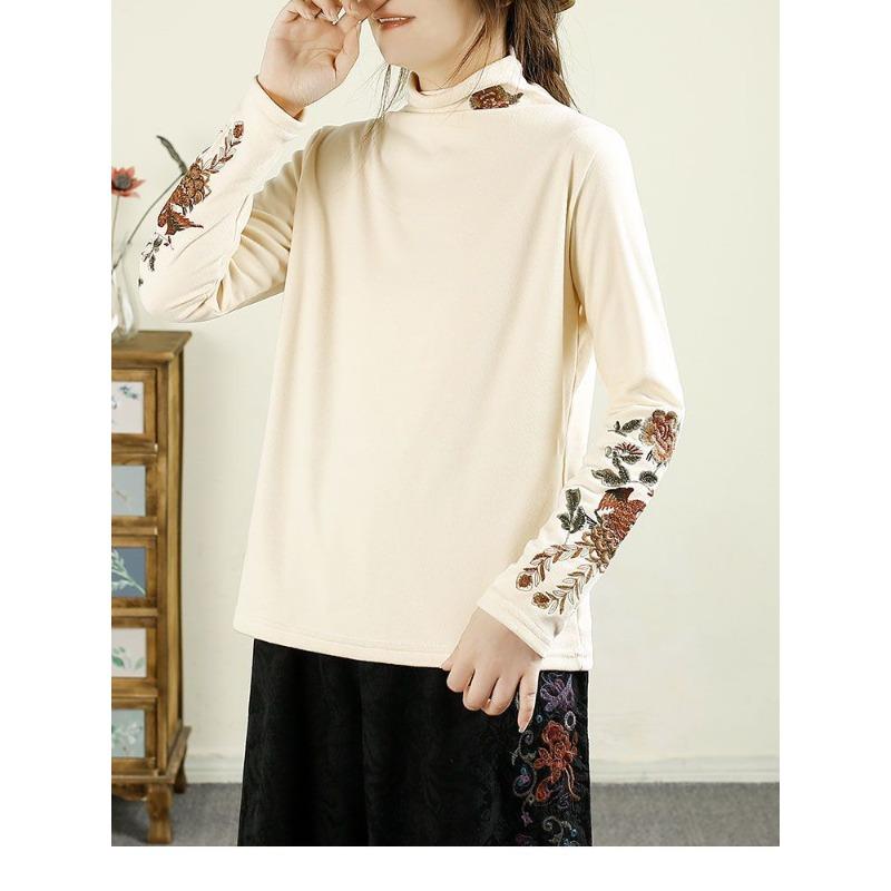 Осень Зима Половинный высокий воротник Этнический стиль Винтажная вышивка Пуловер Топ Женский Длинный рукав Базовая футболка Футболка