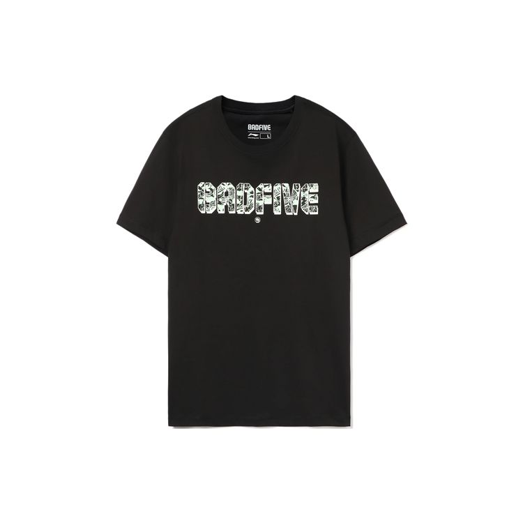 Li-Ning Badfive Sports Basketball Series Футболка с буквенным принтом и круглым вырезом, с короткими рукавами, мужские топы, черный AHSR473-1