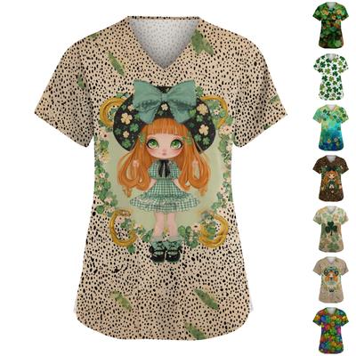 Женская мода V-образный вырез короткий рукав комбинезон с карманами принт топы одежда