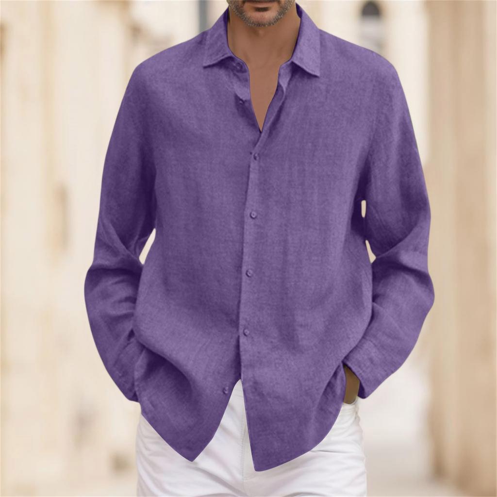A Man In A Four-season Cotton And Linen Long-sleeved, Lapel, Loose Button Cotton And Linen Cardigan Shirt