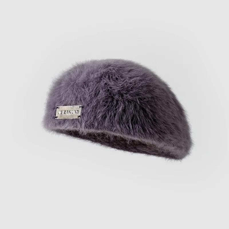 Модная женская шапка-берет осень-зима с двусторонним дизайном и мехом кролика