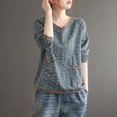 Весна 2025 Батал Ретро Цветочный Воротник Длинный Рукав Хлопок Лен Футболка для Женщин - Универсальный Свободный Пуловер для Мам.