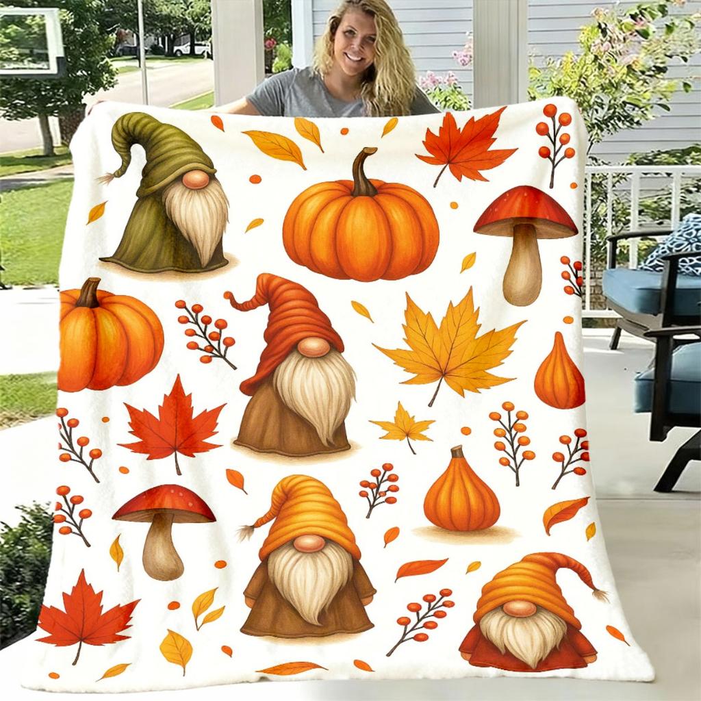 Ultra-Soft Cozy Autumn Flannel Blanket Suitable for - Warmth - Pumpkin & Gnome Fall Design Bedspread, Style Bed Covering for Couch or Bed - Perfect Ho