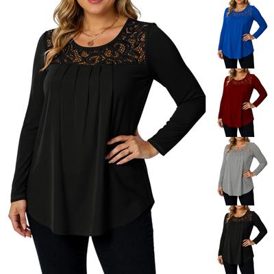 Женская повседневная и модная футболка с круглым вырезом, кружевными длинными рукавами и однотонной расцветкой, большого размера