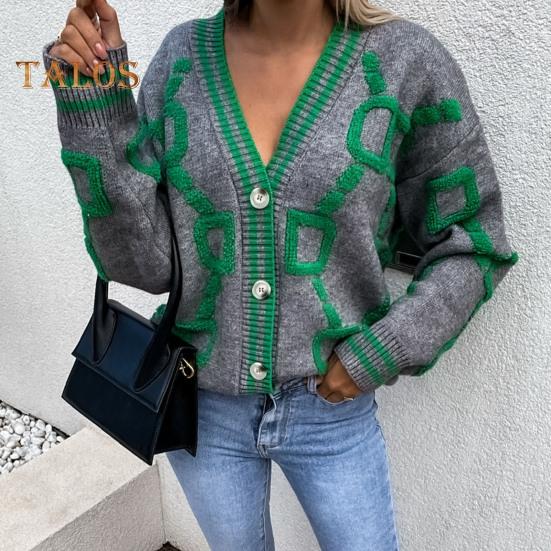 Женский свитер, пальто с V-образным вырезом, длинный рукав, однобортный вязаный свитер с буквенным принтом, свободный крой, теплый вязаный кардиган