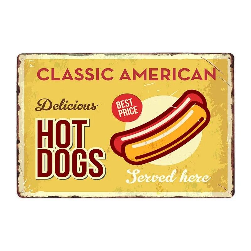 Хот-доги Ретро жестяная вывеска Хот-дог металлический плакат винтажная доска фаст-фуд магазин в отеле Настенный декор 20x30 см