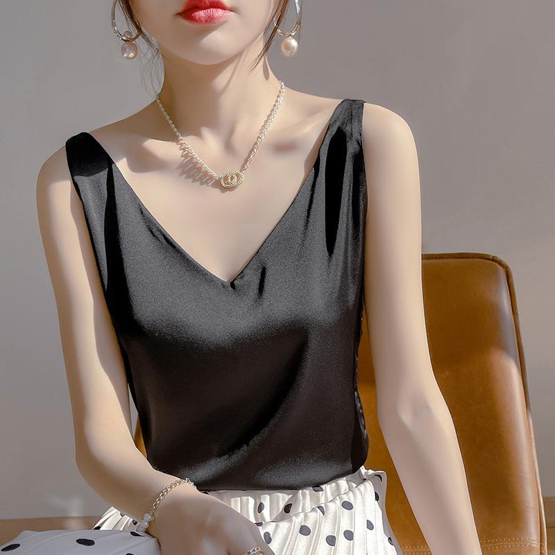 Женская летняя шелковая майка, атласный топ с V-образным вырезом, уникальный базовый слой.