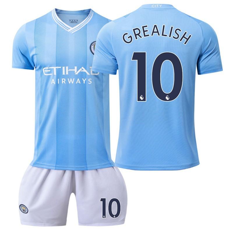 Manchester City 23/24 Home Football Jersey 17 De Bruyne 9 Haaland 10 Grealish Blue Match Edition with Socks