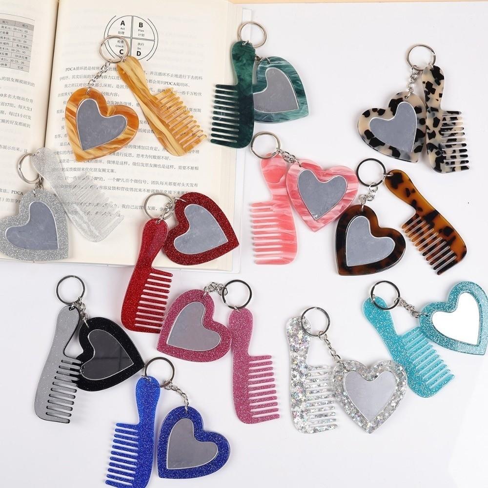 Mini Heart Comb Mirror Keychain Simple Car Keyring Creative Makeup Mirror Keychain Gift