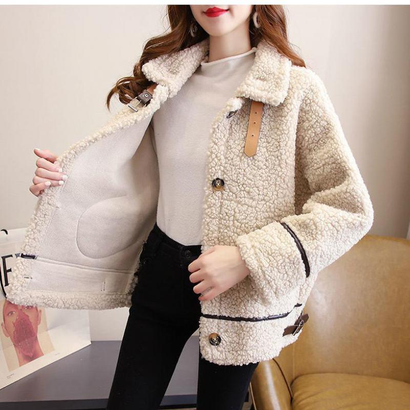 Осеннее женское утолщенное пальто из овечьей шерсти в Корейском стиле, свободная теплая одежда больших размеров с длинными рукавами