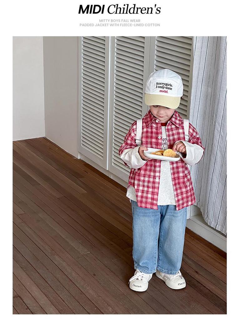 Детская рубашка с красными лацканами в клетку — в стиле колледжа, весна/осень 2025 г., комплект из двух предметов для мальчиков и девочек