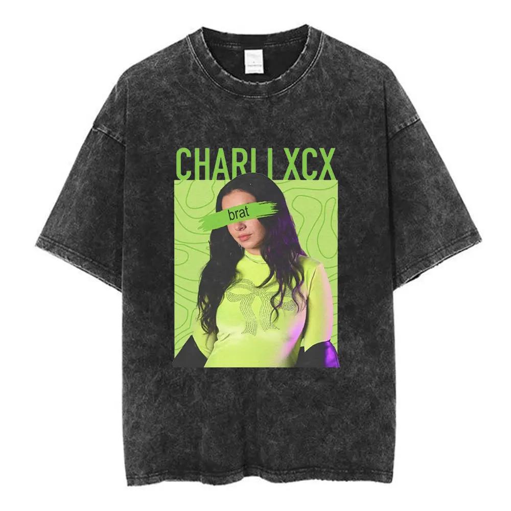 Charli Xcx Brat  Arena Tour Washed T Shirts Men Women Fashion Pop Music Tshirts Cotton Vintage Tshirt Oversized Streetwear