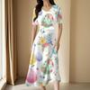 Ladies Casual Fashion Gradient Print V-Neck Short Sleeve Waist Long Swing Dress